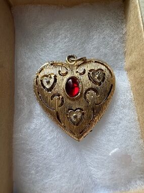 Vintage Gold Heart Locket Pendant with Red Gem - Women's Jewelry